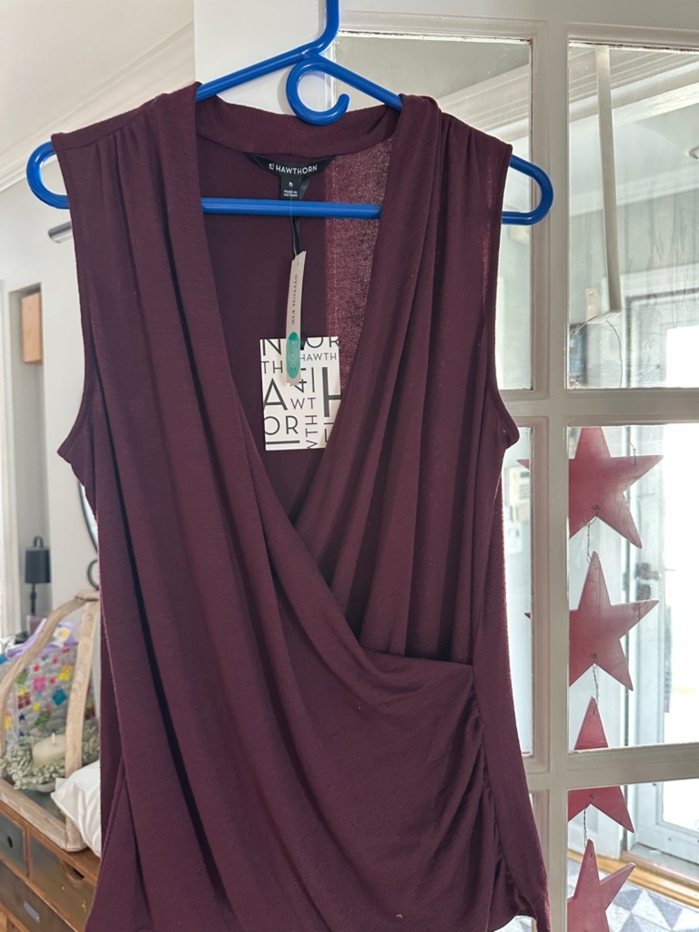 Textured Wrap-Front Sleeveless Top in Deep Burgundy NWT Hawthorne 41 XL